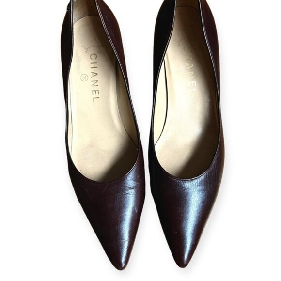 Vintage 2000s Chanel Interlocking CC logo point leather Burgundy point pump sz 9 - Picture 7 of 8
